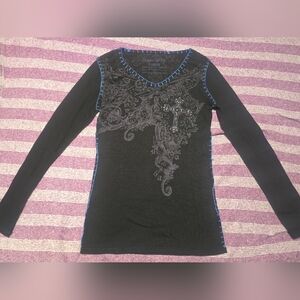 Black Long Sleeve Top with Blue Accents